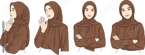 Muslim woman hijab illustration set with different poses and expressions, modest fashion vector characters collection for Islamic lifestyle, education, and design use