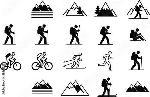 Outdoor adventure icon set featuring hiking, trekking, cycling, skiing, running silhouettes, mountain landscape symbols, minimalist black and white vector illustration