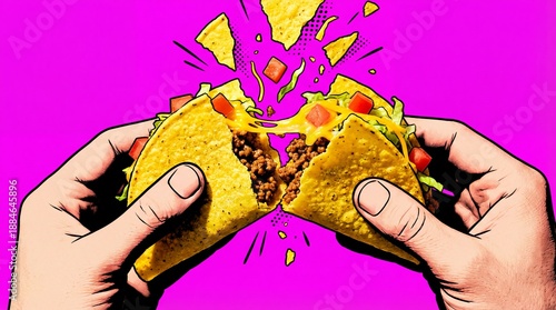 Hands breaking crunchy taco shell, pop art style