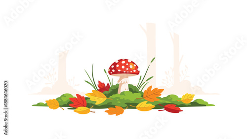 Solitary toadstool surrounded by colorful autumn leaves and green grass, set against a subtle forest background, depicting fall nature.