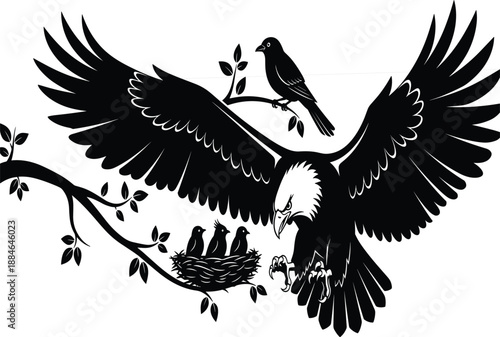 Protective bald eagle family illustration, black and white vector showing nest, chicks, branches, flying birds, wildlife symbol, nature conservation design