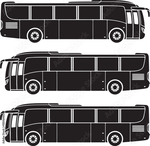 blackandwhite bus silhouettes in different angles on white background