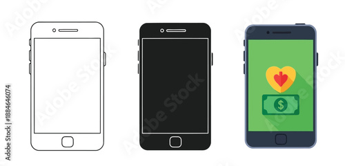 Smartphones Vector Set in Three Styles — Line Art, Silhouette and Color Version for Islamic Design, App UI, Posters and Branding