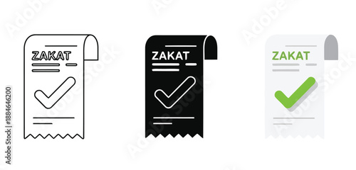 Zakat Receipt Icons Vector Set in Three Styles — Line Art, Silhouette and Color Version for Islamic Design, App UI, Posters and Branding