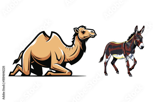 Camel and Donkey Illustration on White Background