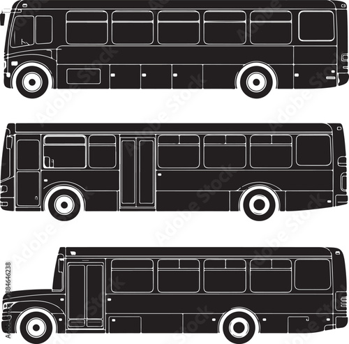 blackandwhite bus silhouettes in three different views