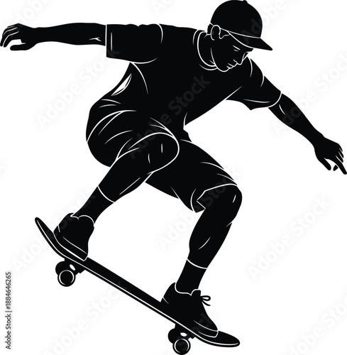 Skateboarder performing ollie trick, dynamic street skateboarding silhouette illustration, urban youth sport action, modern vector art for extreme sports design