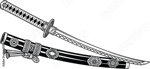 Traditional Japanese katana sword illustration with detailed scabbard, samurai weapon concept, ancient martial arts blade, ornamental black and white vector artwork