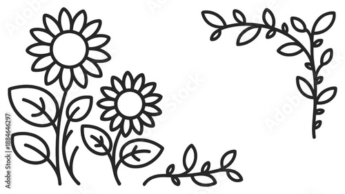 Simple black and white line art illustration featuring sunflowers and elegant leafy borders