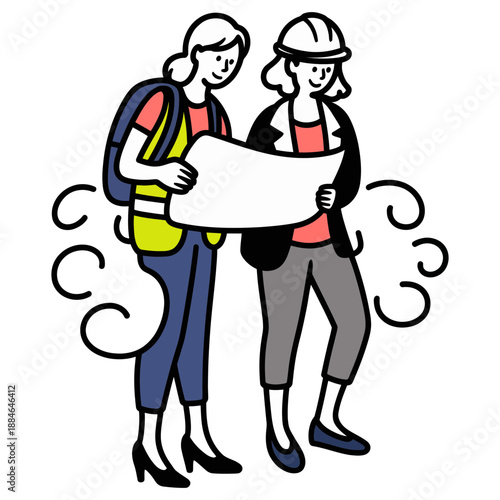 Dedicated female engineers or architects collaborating on a detailed construction blueprint