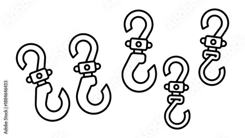 Collection of five simple outline illustrations of various swivel hooks for hanging