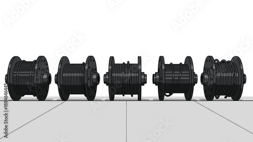 Five identical black spools of cable arranged in a row, representing electrical wiring, industrial supply, and telecommunications.