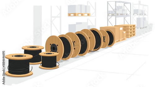 Various sizes of cable spools arranged in a warehouse setting, with shelves in the background, representing industrial storage and electrical supply.