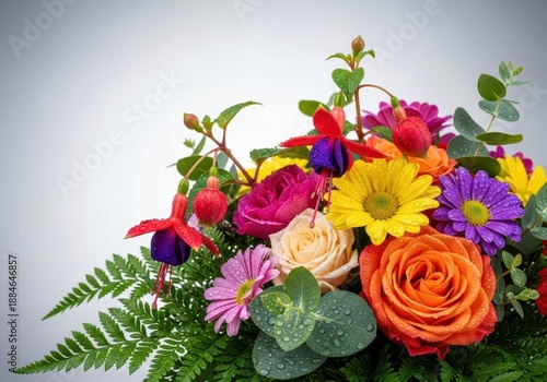 Vibrant, dewy floral arrangement captured closely, focusing on clear water drops glistening on colorful petals and green foliage, bouquet, petals, natural