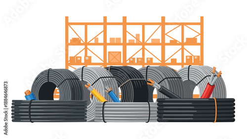 Organized coils of various electrical wires and cables displayed in a warehouse setting, indicating industrial supplies and electrical components.