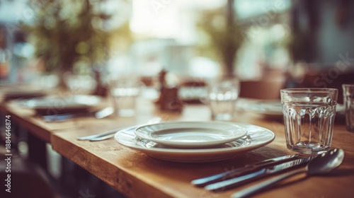 A wooden dining table set with empty plates, cutlery, and glasses. The background features a blurred restaurant interior with soft lighting.