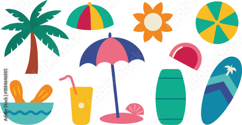 Beach vacation summer icon set sun palm tree surfboard sandcastle.