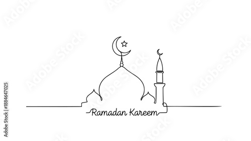 Continuous single-line mosque silhouette with dome, minaret and crescent — minimalist Ramadan illustration