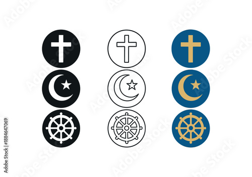 world religions three circle split into cross crescent and dharma wheel symbols blue and gold