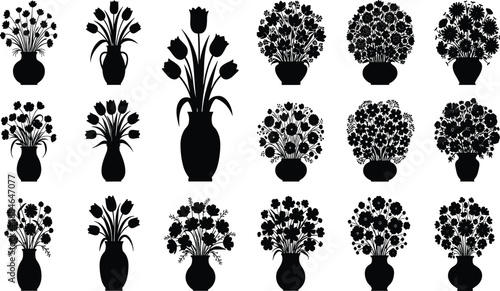 Elegant black silhouette flower arrangements in diverse vases, decorative floral bouquet collection, creative botanical design set, ornamental vector art illustration