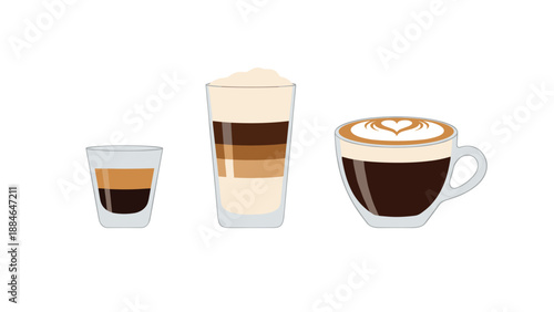 Collection of three distinct coffee beverages: a concentrated espresso, a layered latte macchiato, and a classic cappuccino with art.