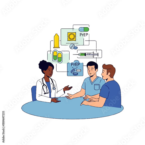 Flat design illustration of a doctor and two patients discussing medication in a vector-style graphic with a clean and informative composition.
