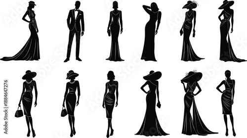 Elegant silhouettes, formal fashion, vintage style, women in dresses, man in tuxedo, classic poses, retro elegance, black and white illustration