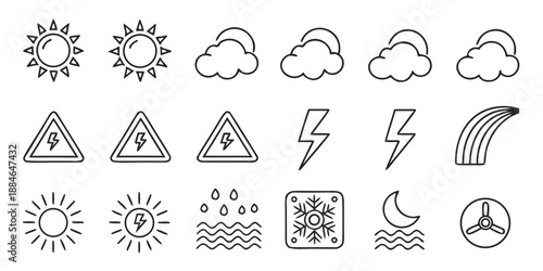 Collection of Weather Icons including Sun, Clouds, Lightning, Rain, Snow, Rainbow, and Wind Turbine