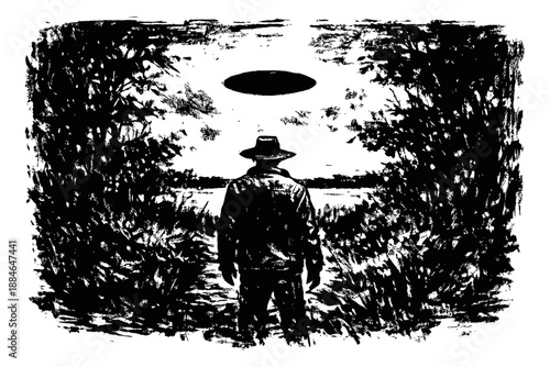 Hand drawn illustration of a man depicting an alien encounter for mysterious themes