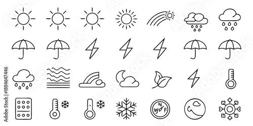 A comprehensive collection of minimalist line icons depicting various weather conditions and atmospheric phenomena, ideal for digital design, forecasting apps, and user interface development
