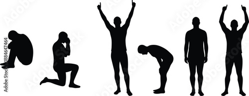 Emotional stages of man silhouette set showing depression, struggle, exhaustion, hope, motivation, success and mental health recovery vector illustration