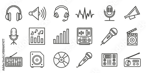 A collection of line art icons representing audio equipment and music production symbols, ideal for digital design and technology projects