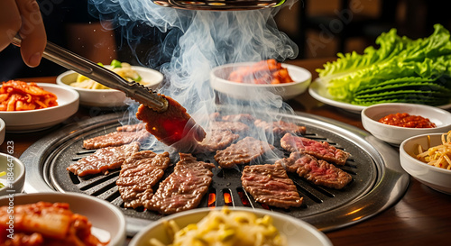 Grilling Korean BBQ Beef Slices on Hot Plate with Steam and Side Dishes