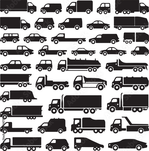 collection of various vehicle silhouettes on white background for design