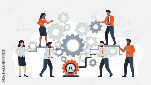 Diverse team collaborating on business process with gears and teamwork concept