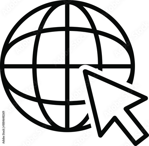 Globe with cursor arrow line art vector illustration for internet, global communication, web browsing, digital navigation, and online connection icon
