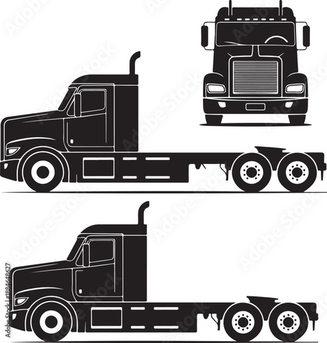 semi truck silhouettes in three views on white background