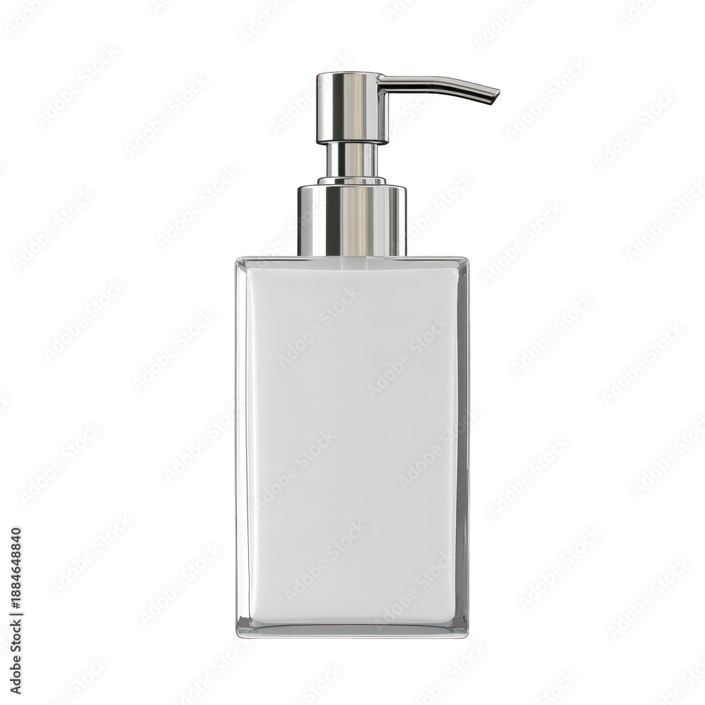 Obraz premium Elegant rectangular clear glass soap dispenser with silver pump, filled with white liquid, isolated on transparent background.