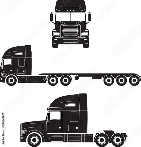semi truck three views front side and rear isolated on white background