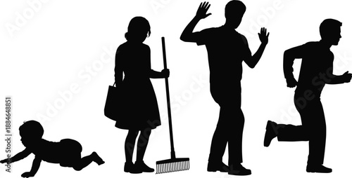 Human silhouettes, life stages illustration, crawling baby, woman cleaning, man waving, person running, activity silhouettes, daily life