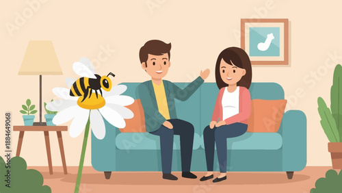 A man and woman converse on a couch, a bee rests on a daisy, indoor plant