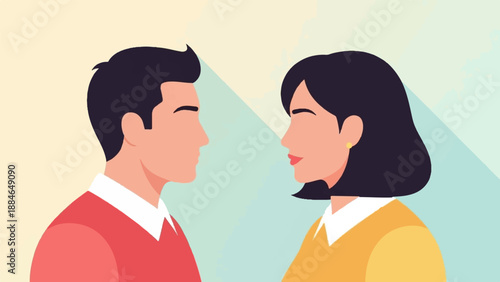 A man and woman in profile look at each other against a pastel backdrop