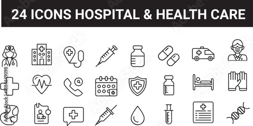 Health care line editable icon set. Hospital and health care vector. Vector illustration in modern thin line style of medical icons.