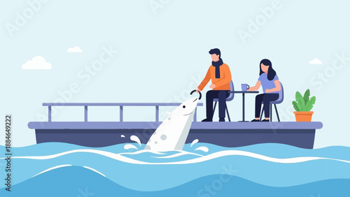 A man feeds a dolphin from a boat deck with a woman sitting nearby