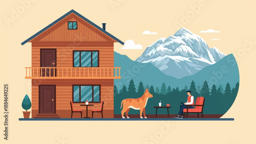 A man enjoys a drink on a balcony with his dog