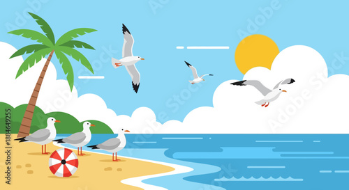 Seagulls flying over a tropical beach with palm tree and Laridae camar on the shore