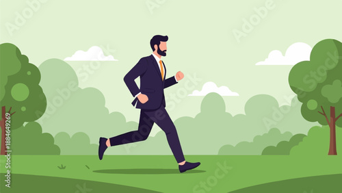 A man in a suit running through a park with trees and clouds