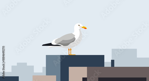 Seagull perched atop urban building, a Laridae camar standing alone, illustration art