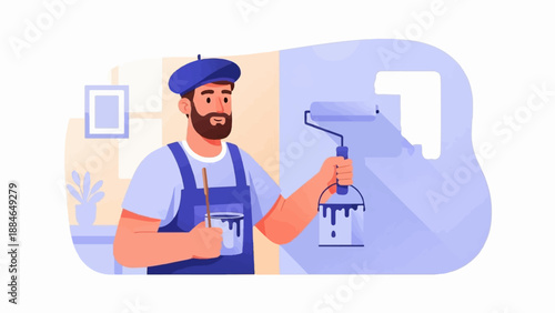 A man in overalls and beret paints a wall with a roller and paint can