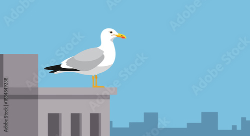 Seagull standing on a building rooftop with cityscape, a typical camar Laridae scene viewed from the side